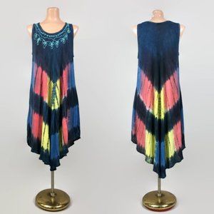 VINTAGE 90s Embroidered Tie Dye Indian Rayon Trapeze Dress Butterfly Wing Caftan